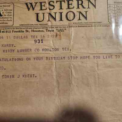 Western Union Telegram to John H Kirby from Edwin J Kiest, birthday wishes