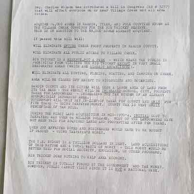 Typed document discussing Rep. Charles Wilson introducing bill 3237 to Congress regarding Village Creek