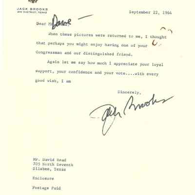 Letter to David Read from Jack Brooks September 22, 1964