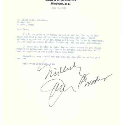 Letter to David Read from Jack Brooks July 5, 1961