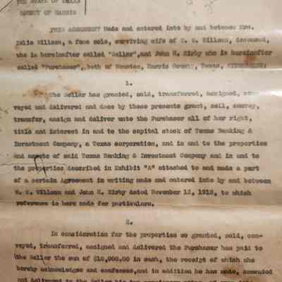 Agreement for Sale of Capital Stock from Zelie Willson, widow of W W Willson, to Texas Banking & Investment Co and John Henry Kirby - June 1927