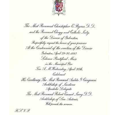 Invitation to David Read to attend "The Centennial of the erecion of the Diocses" Galveston, Texas April 29-30, 1947