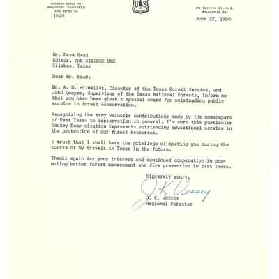 Letter to David Read from J K Vessey, Regional Forester June 22, 1960