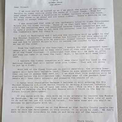 Copy of letter from Houston Thompson with no date discussing sale of property along Village Creek