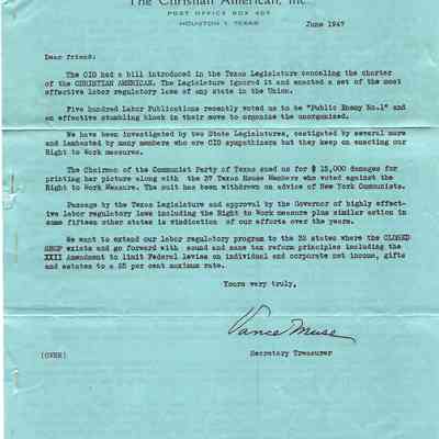 News Bulletin "The Christian American, Inc" Vance Muse June 1947 - David Read Materials