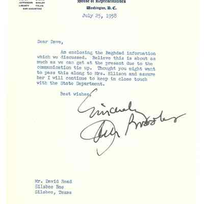 Letter to David Read from Jack Brooks July 25, 1958