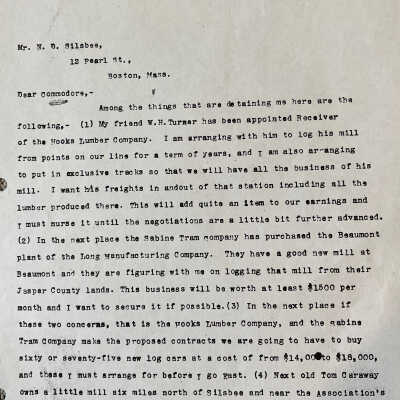 Letter to Nathaniel Silsbee from John H Kirby March 1, 1898