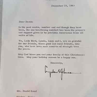 Letter to David Read from Lyndon B Johnson once he became President at Kennedy's death dated December 23, 1963