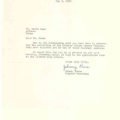 Letter to David Read from Johnny Paine May 9, 1950