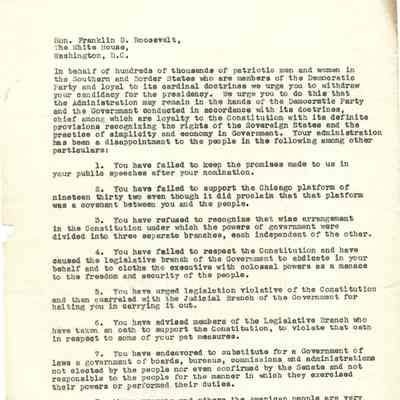 Letter to Franklin D Roosevelt from Southern Democratic Party