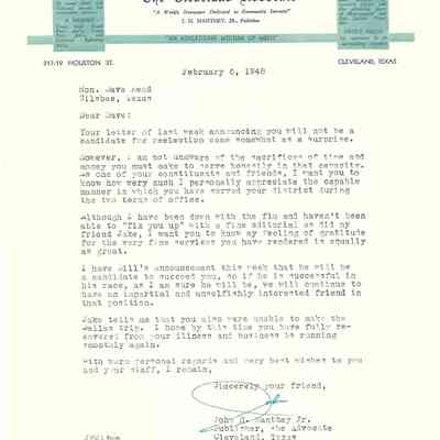L:etter to David Read from John H Manthey Jr February 6, 1948