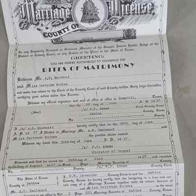 Marriage License - State of Texas - for AW Dainwood and Gertrude McCree dated 1917
