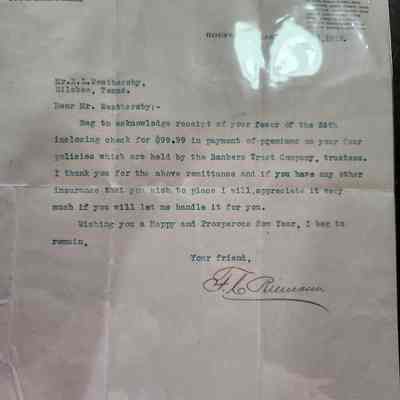 Receipt to R L Weathersby for Premium payments held by Bankers Trust Company dated December 28, 1918