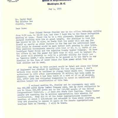 Letter to David Read from Jack Brooks May 4, 1956