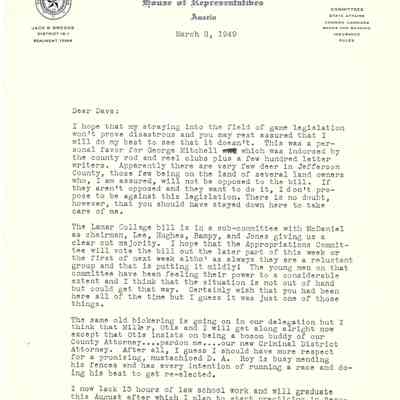 Letter to David Read from Jack Brooks March 8, 1949