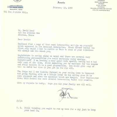Letter to David Read from Jack Brooks February 15, 1950