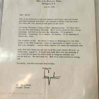Letter to David Read from Lyndon B Johnson- Invitation to LBJ Ranch dated July 26, 1960