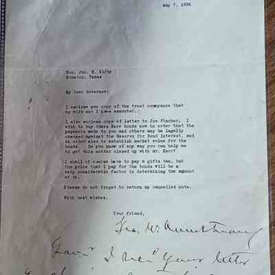 Letter to John Henry Kirby dated May 7, 1936 from George W. Armstrong, Woodstock Plantation, Natchez, Mississippi discussing Kerr bonds