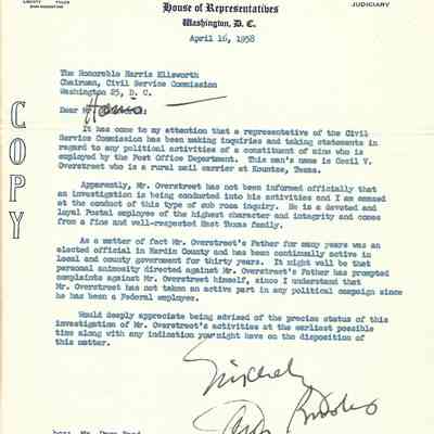 Copy of letter to Harris Ellisworth from Jack Brooks April 16, 1958