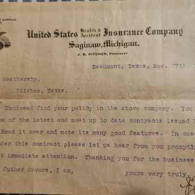Letter To R L Weathersby from J Zorn dated November 27, 1909 concerning delivery of policy