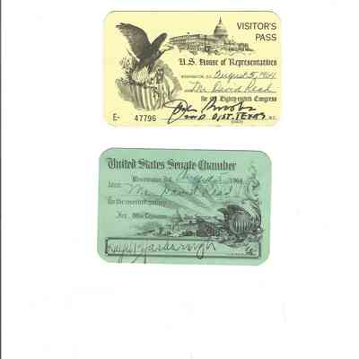Visitor Pass to U S House of Representatives and U S Senate Chamber August 5, 1964 - David Read