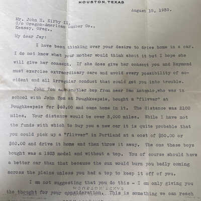 Letter to John H Kirby II (Jay) from John Henry Kirby dated August 15, 1930