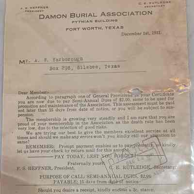 Letter to AW Yarborough dated December 1, 1931 from Damian Burial Association regarding Semi-annual dues