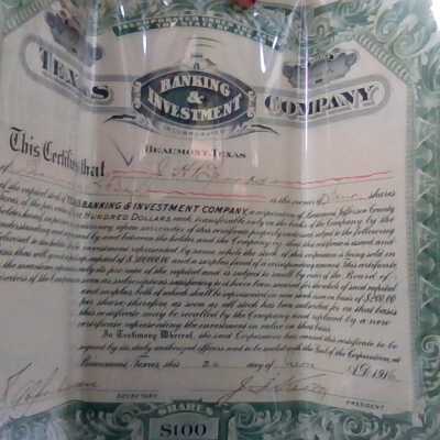 Texas Banking & Investment Company Captial Stock issued to J H Brooks - $100
