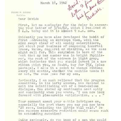 Letter to David Read from Franz W Zeiske March 18, 1962