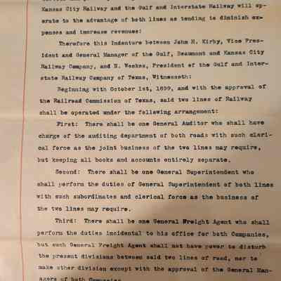 Court Document from Jefferson Co, Texas establishing joint train service between GB & KC Railroad and G&I as of October 1, 1899