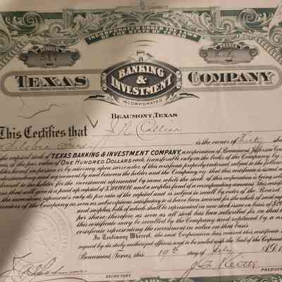 Texas Banking & Investment Company Capital Stock issued to J N Collier - $100