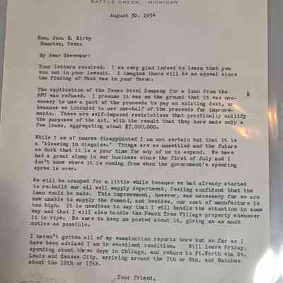 Letter to John H Kirby from George Armstrong dated August 30, 1934