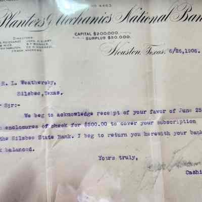 Letter to R L Weathersby from Planters Mechanics Nation Bank dated June 26, 1906 for receipt of subscription to Silsbee State Bank along with receipt