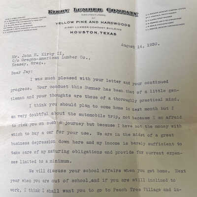 Letter to John H Kirby II (Jay) from John Henry Kirby dated August 14, 1930