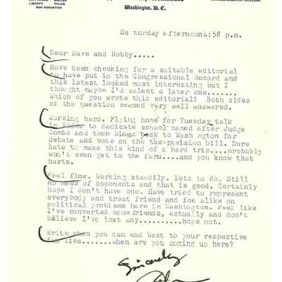 Letter to David Read from Jack Brooks - Saturday afternoon