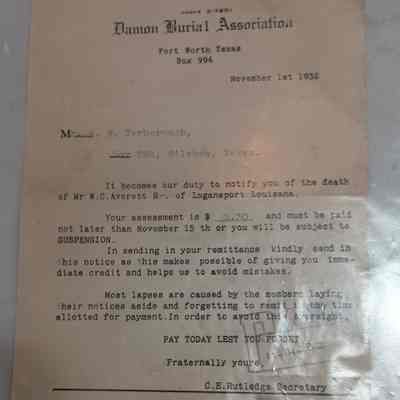 Letter to AW Yarborough dated November 1, 1932 from Damian Burial Association regarding the death of WC Averett Sr