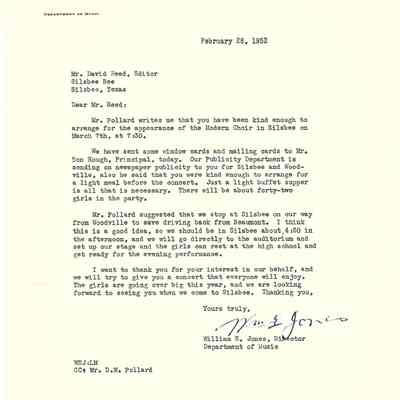 Letter to David Read from William E Jones February 28, 1952