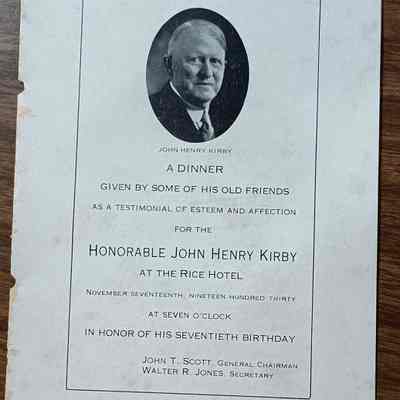 Dinner Program for John Henry Kirby dated November 17, 1930 at the Rice Hotel in honor of his 70th birthday