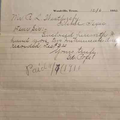 Letter to R L Weathersby from Ed Pope, County Clerk Tyler Co Texas dated December 6, 1910 - bill for recording 2 instruments