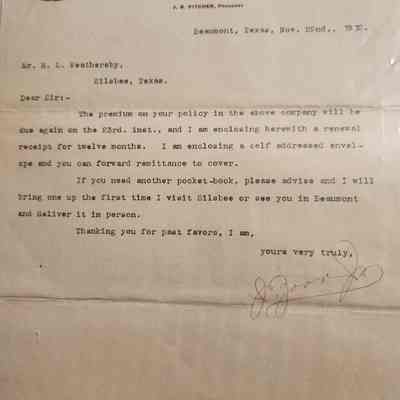 Letter to R L Weathersby from J Zorn dated November 22, 1912 concerning premium due and receipt