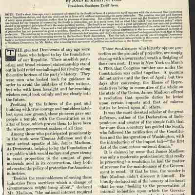 Article by John H Kirby - "Protection Had The Support Of Jefferson, Jackson, Madison and Monroe
