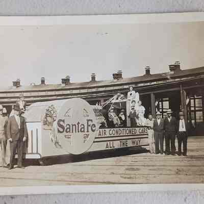 Hardin Drug Co postcard with Santa Fe logo and "Air Conditioned Cars All the Way"