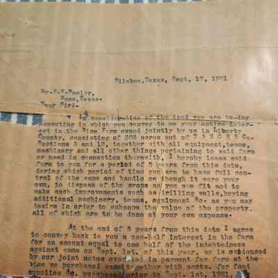 Letter to F E Peeler of Nome Texas from R L Weathersby dated September 17, 1931 concerning Rice Farm