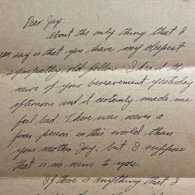 John Blaffer Letter of Condolence to JHK II