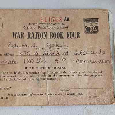 War Ration Book Four issued to Edward Yoksh- listed as conductor
