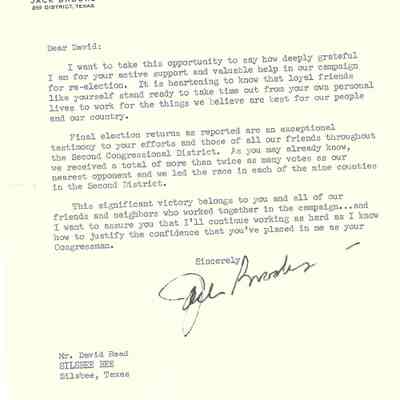 Letter to David Read from Jack Brooks May 21, 1962