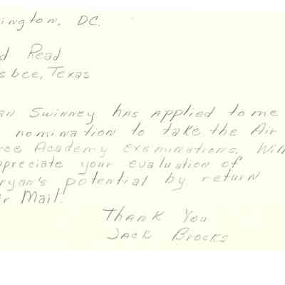 Letter to David Read from Jack Brooks regarding Bryan Swinney application to Air Force Academy Exam