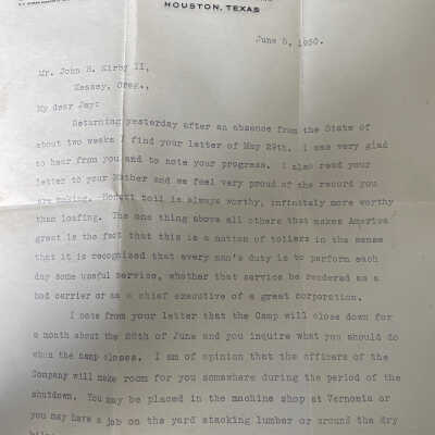 Letter to John H. Kirby II (Jay) from John Henry Kirby dated June 5, 1930