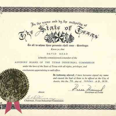 Certificate Commissioning David Read to the Advisory Board of the Texas Industrial Commission October 7, 1958