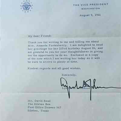 Letter with envelope to Mr David Read, The Silsbee Bee, from The Vice President, Lyndon B Johnson dated August 9, 1961